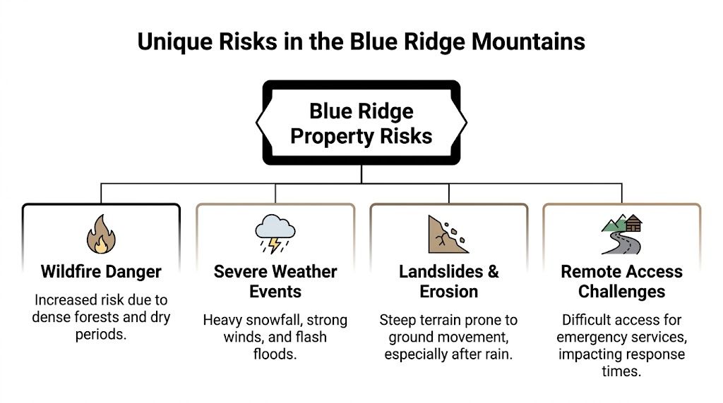 A diagram outlining the four primary property risks in the Blue Ridge Mountains including wildfires and landslides.