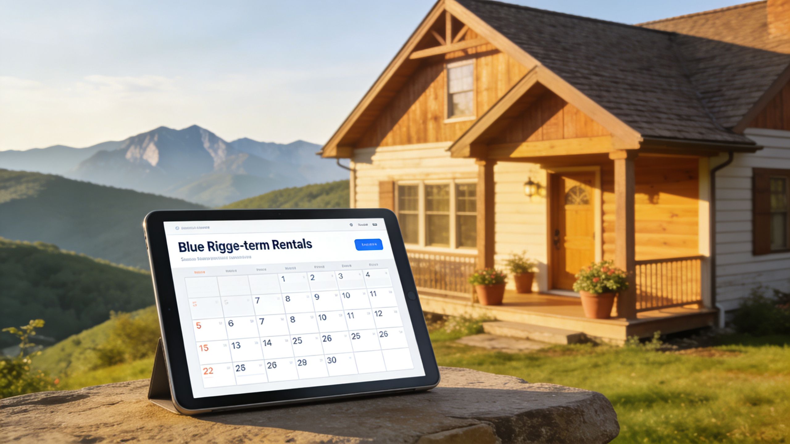 A digital tablet displaying a rental calendar sits on a stone wall overlooking a mountain cabin.