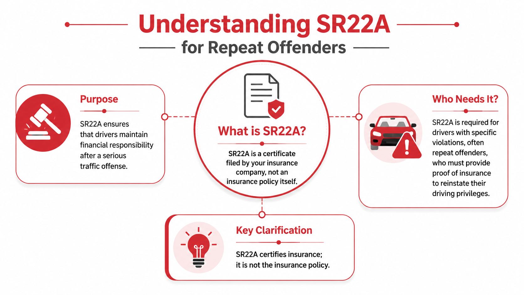 An infographic titled Understanding SR22A for Repeat Offenders explaining what it is, its purpose, and requirements.