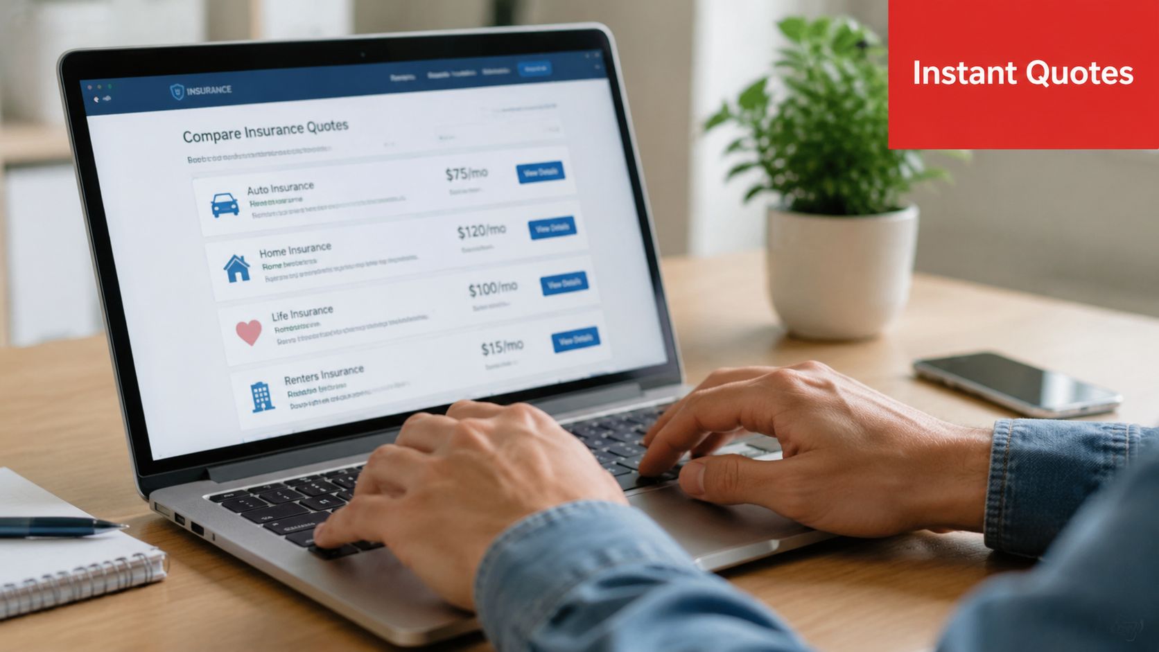 A person typing on a laptop displaying various insurance quote options on a home office desk.