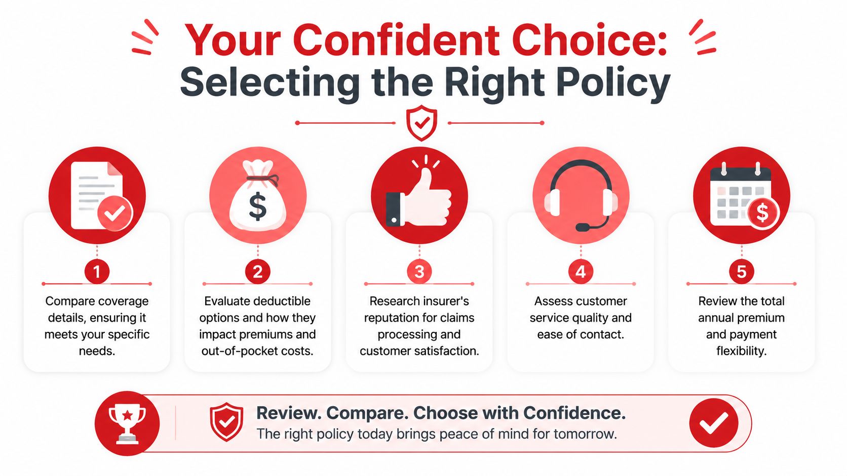 An infographic titled Your Confident Choice illustrating five essential steps for selecting the right insurance policy.