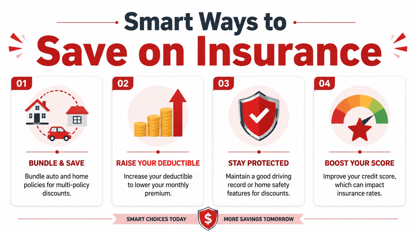 An infographic titled Smart Ways to Save on Insurance showing four tips to reduce insurance costs.