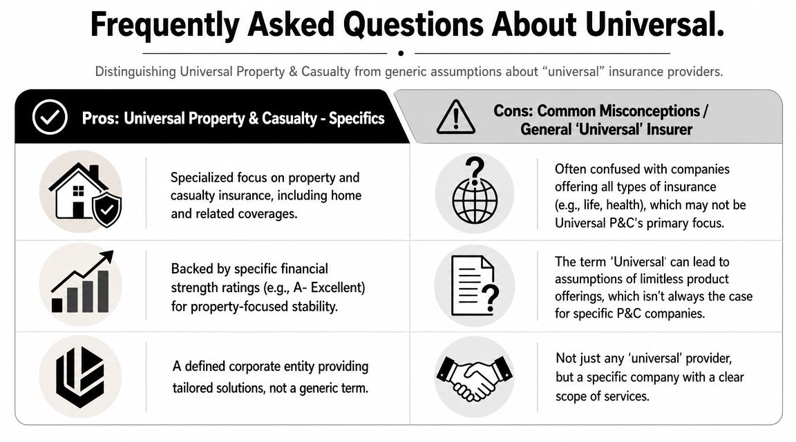 A comparison chart outlining the pros of Universal Property and Casualty versus common misconceptions about universal insurers.