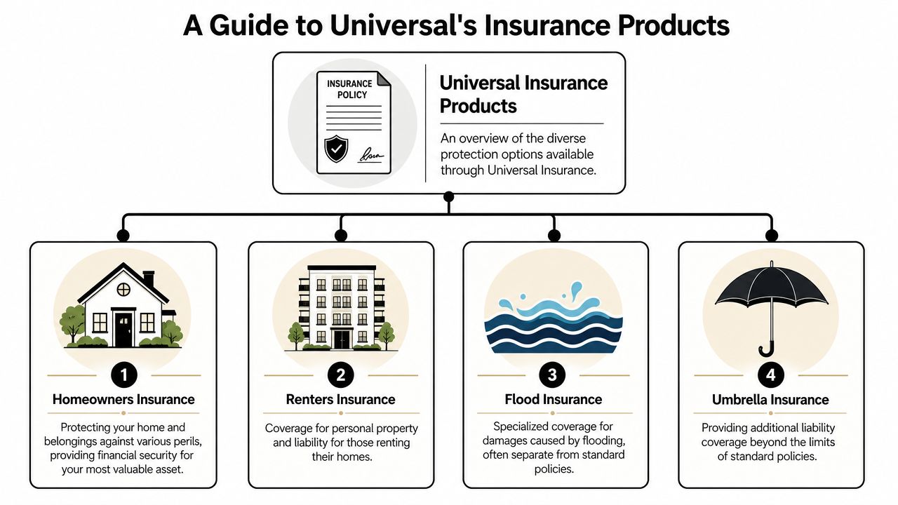 An infographic titled A Guide to Universal's Insurance Products showing four types of coverage options.