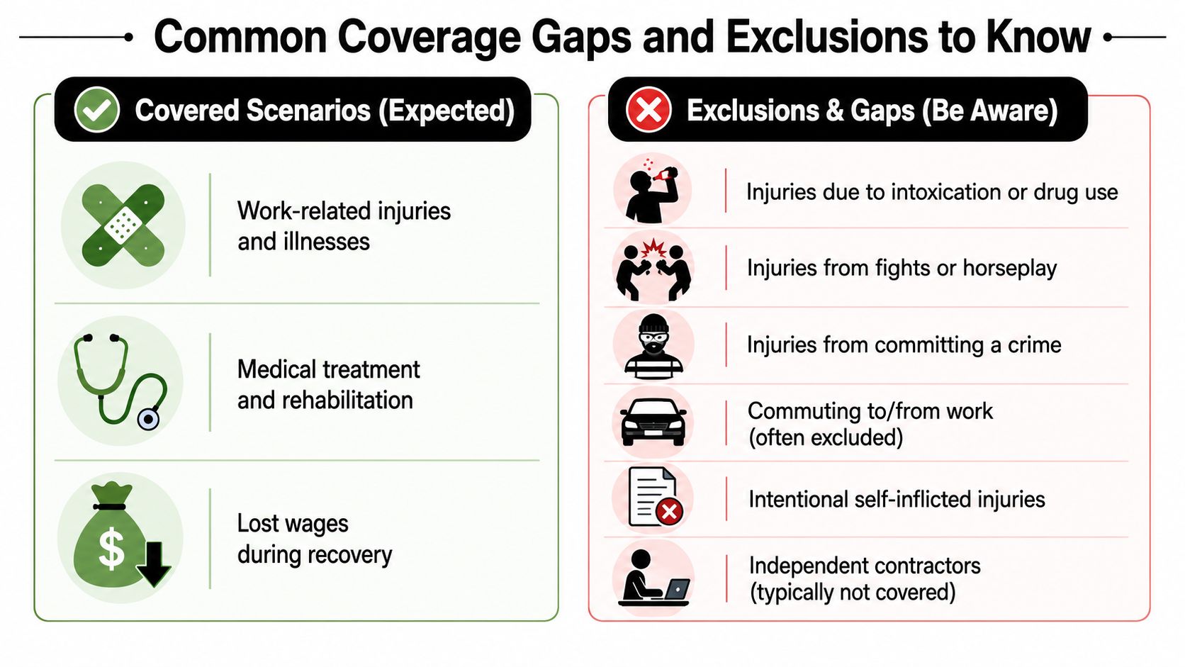 A visual guide summarizing common coverage scenarios versus exclusions and gaps in workers' compensation insurance policies.