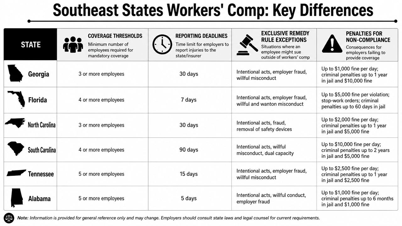 A comparison table outlining workers' compensation insurance regulations across six different Southeastern United States.