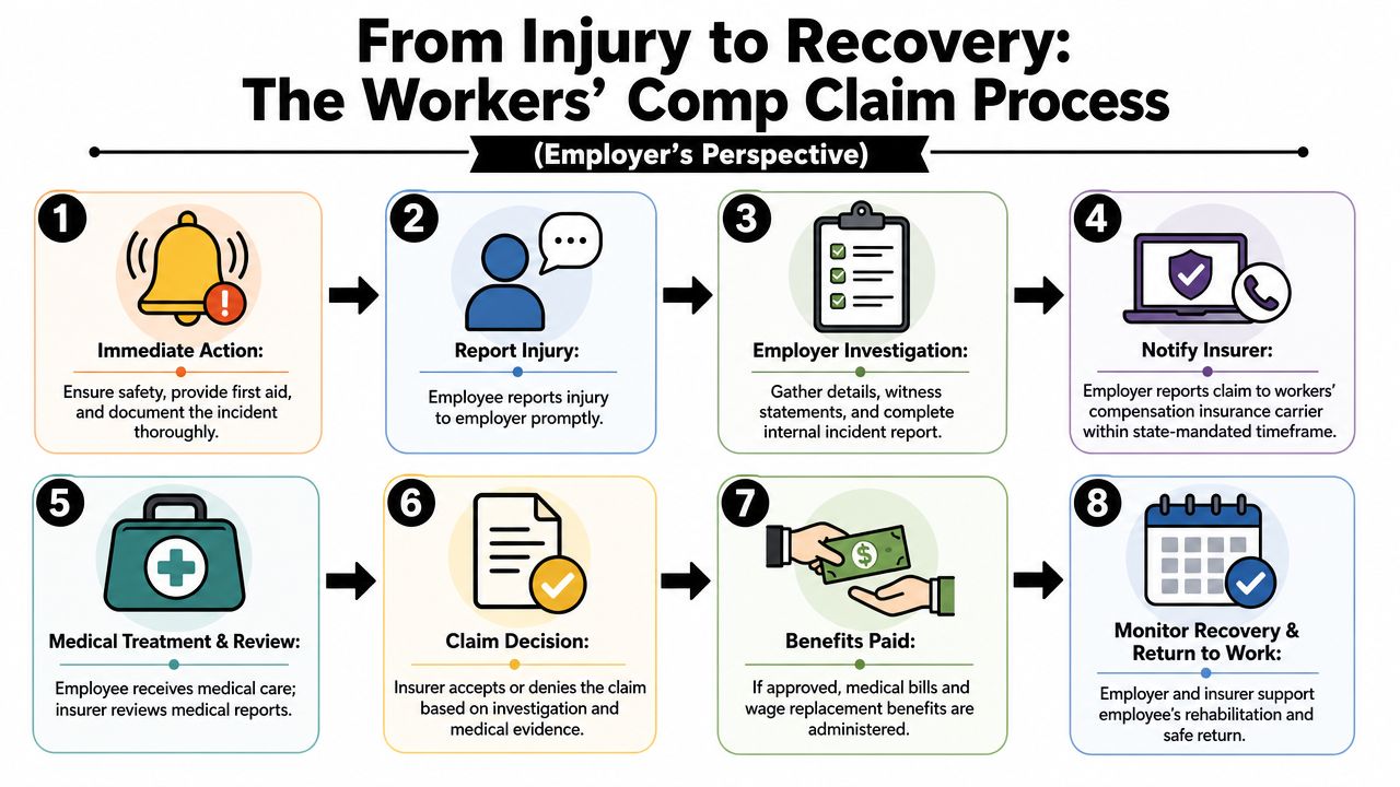 An infographic detailing the eight-step workers' compensation claim process from initial injury to employee recovery.