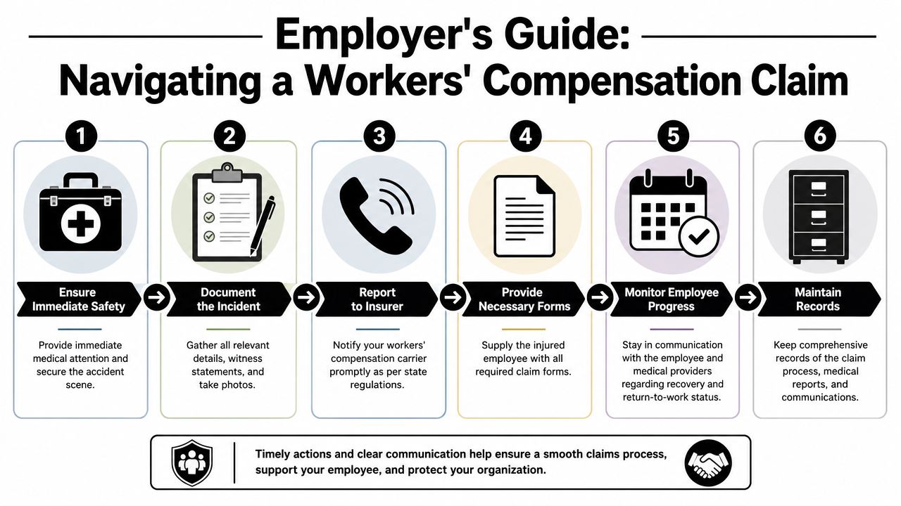 A six-step visual guide for employers on how to navigate the workers' compensation claims process effectively.