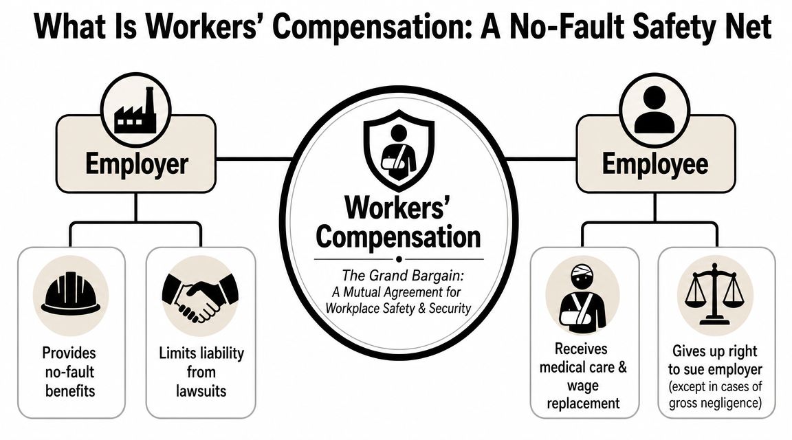 An infographic showing how workers' compensation works as a no-fault agreement between employers and employees.