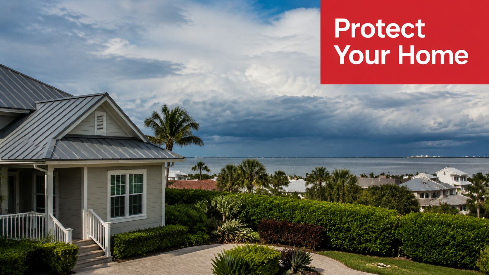 A coastal home with a metal roof overlooking the bay under a dramatic stormy sky.