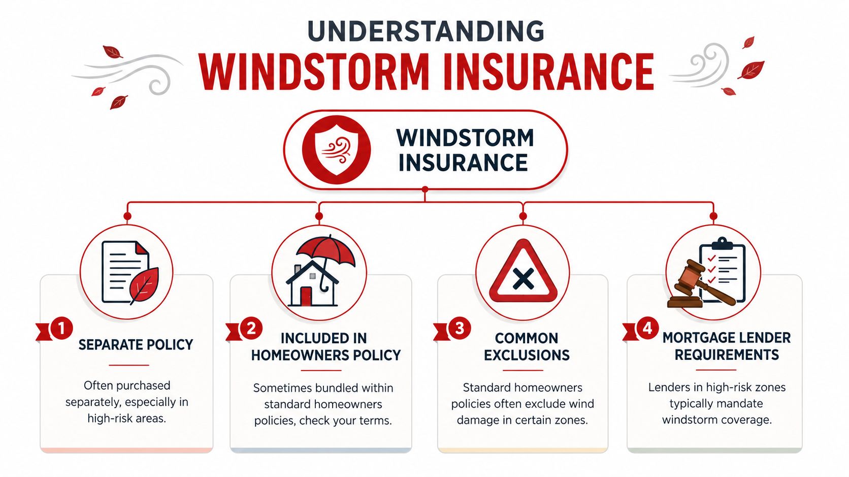 An infographic titled Understanding Windstorm Insurance illustrating four key points about coverage and policy requirements for homeowners.