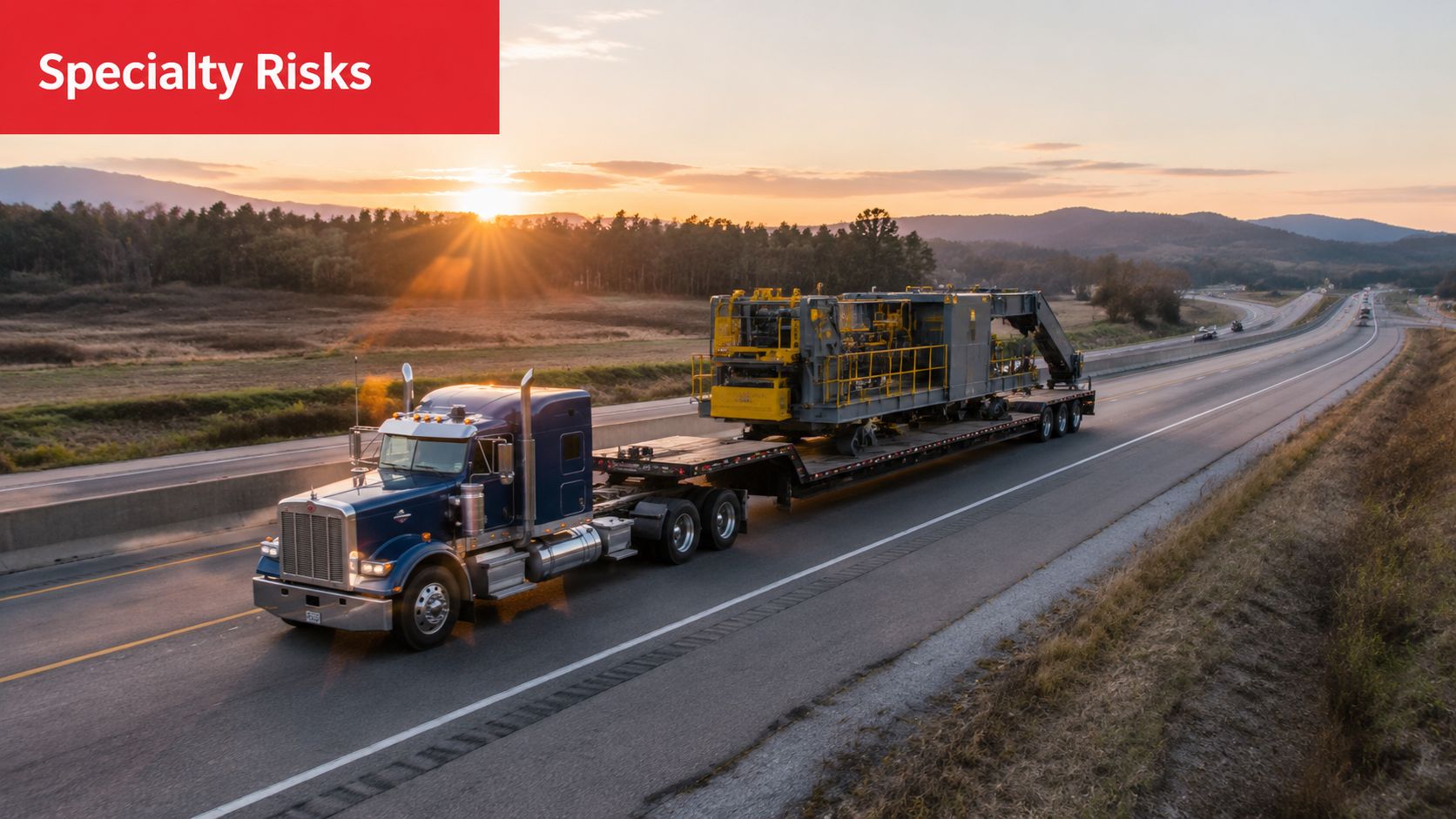 A large blue semi-truck transporting heavy industrial machinery on a flatbed trailer along a highway at sunset.