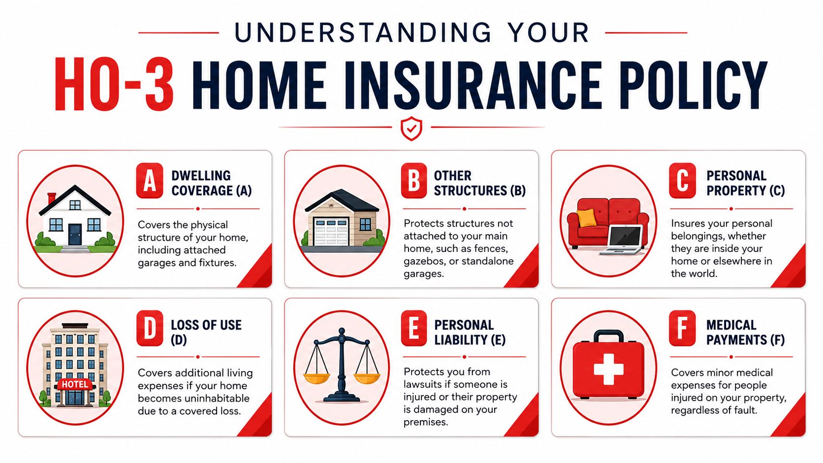 A visual guide explaining the six main coverage types found in a standard HO-3 home insurance policy.