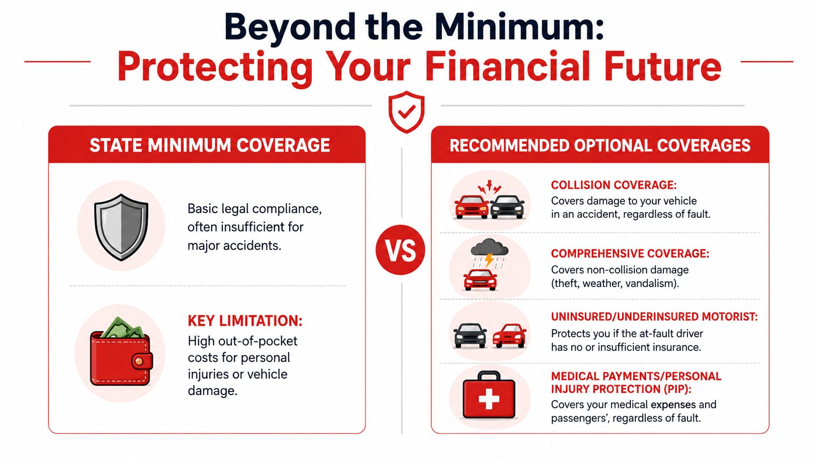 An infographic comparing state minimum auto insurance coverage against recommended optional insurance policies for better financial protection.