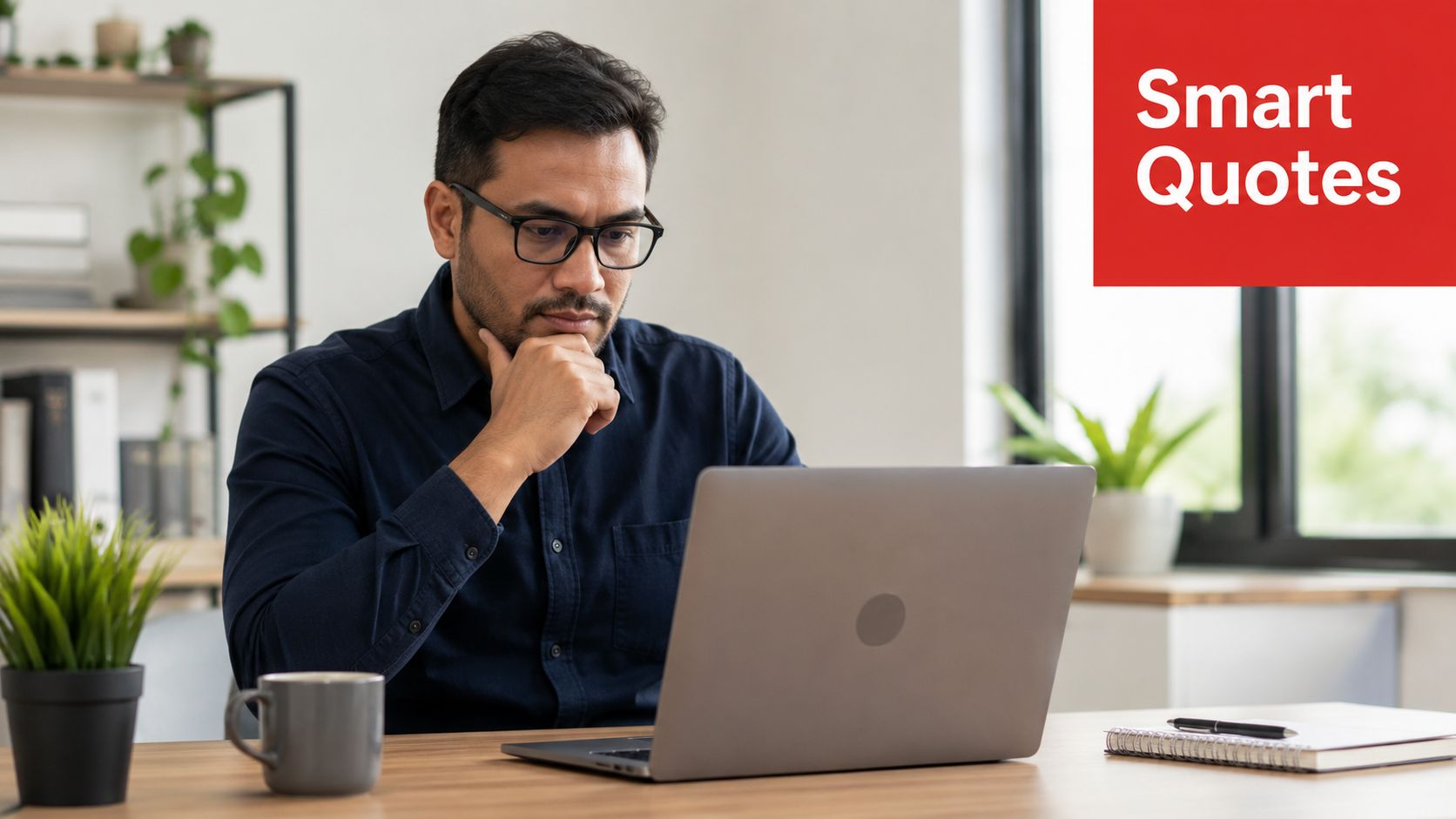 A professional man with glasses sitting at a desk and thoughtfully looking at his laptop screen.