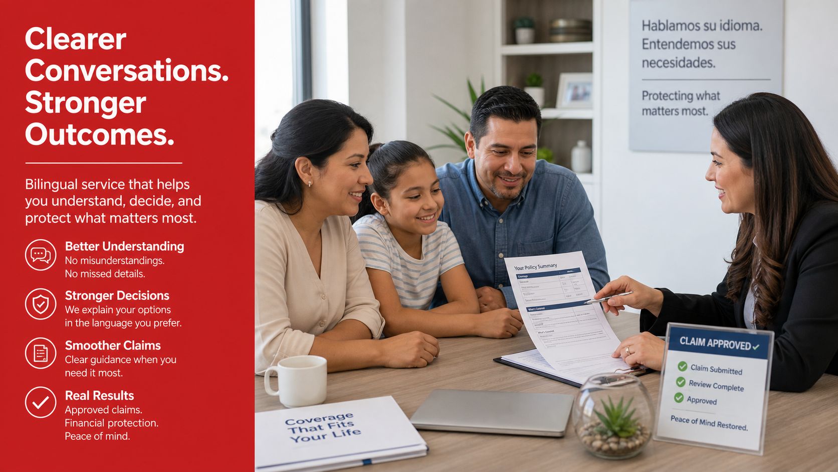 A bilingual insurance agent discusses policy details with a smiling Hispanic family in an office setting.