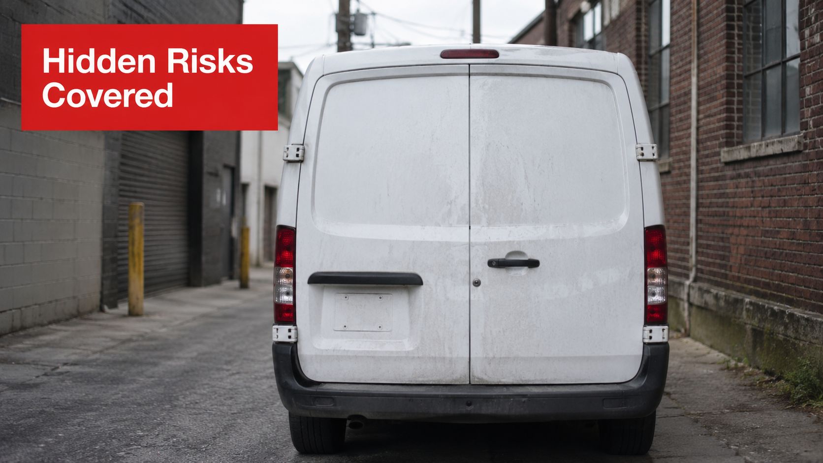 A dirty white commercial cargo van parked in an urban brick alleyway under an overcast sky.