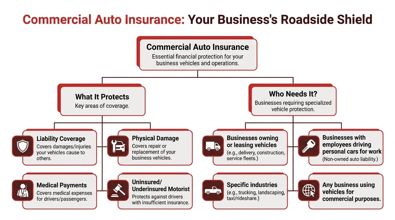 An infographic titled Commercial Auto Insurance explaining key coverage areas and businesses that require this type of protection.
