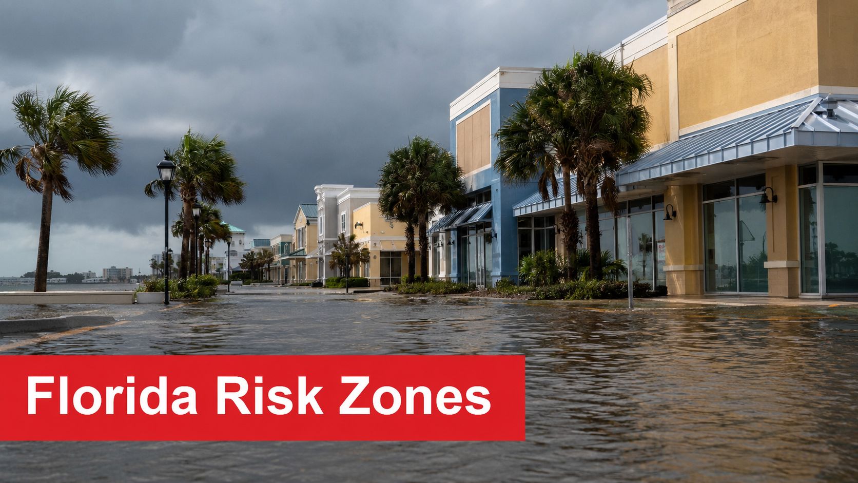 A flooded street in a coastal Florida shopping district under dark, stormy weather conditions.