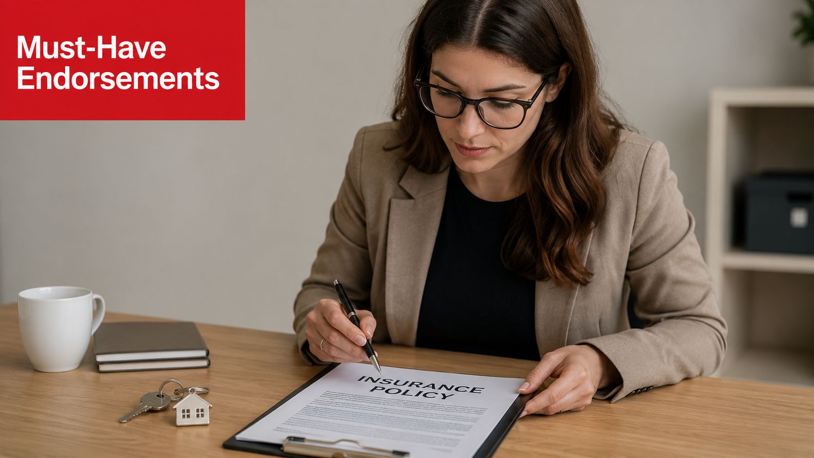 A professional woman in a blazer reviewing an insurance policy document with keys on the desk.
