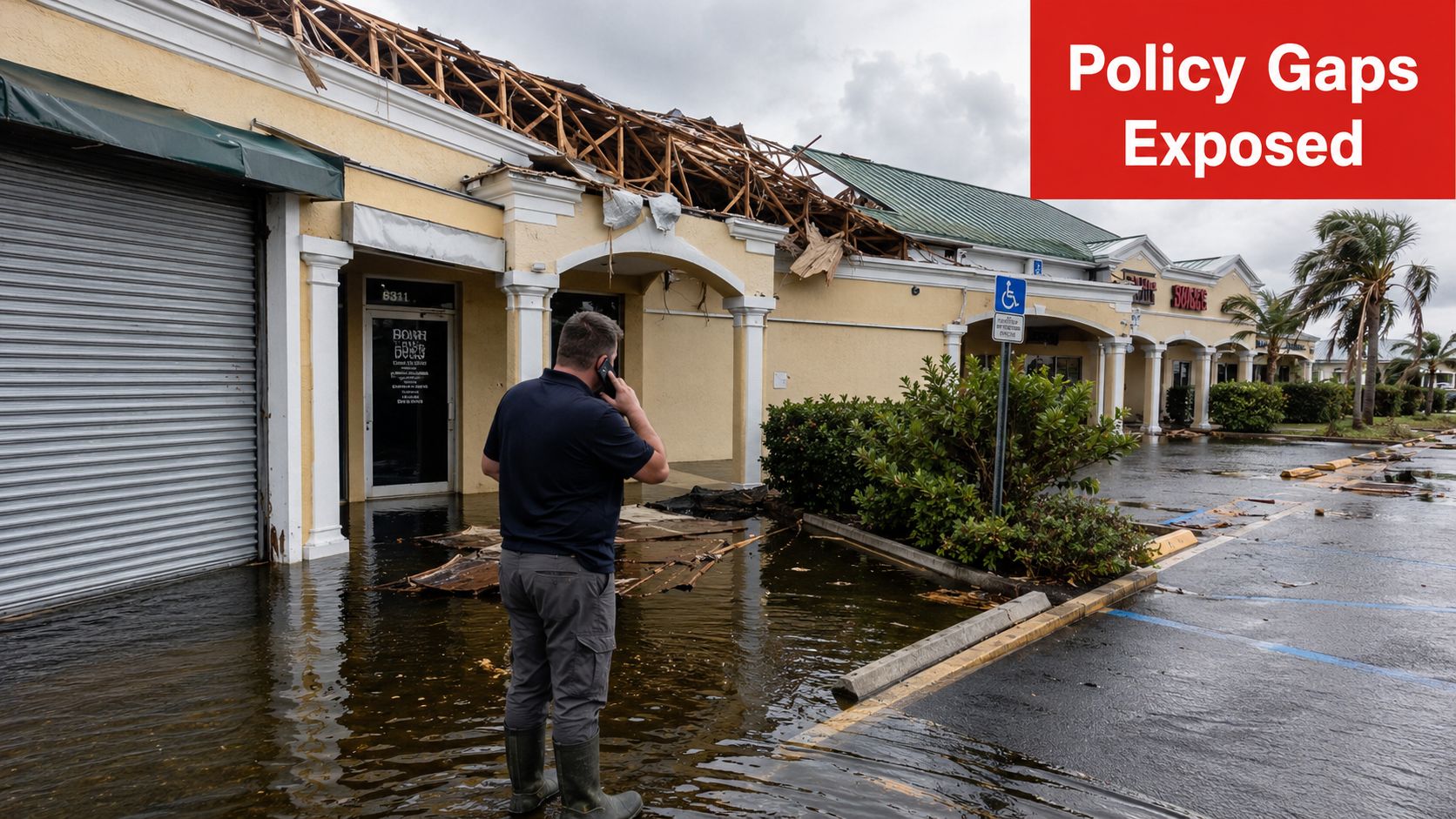 A man in boots talks on his phone while standing in front of a flooded damaged commercial building.