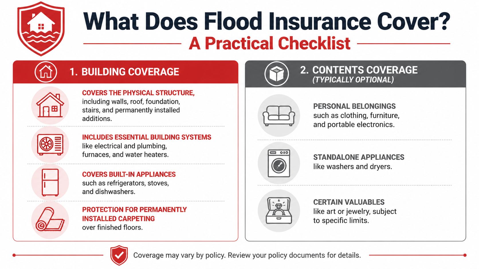 An infographic checklist explaining what flood insurance covers regarding building structure and personal contents.