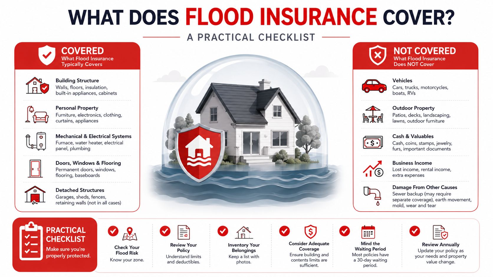 A visual guide explaining what flood insurance covers and excludes, with a practical checklist for homeowners.