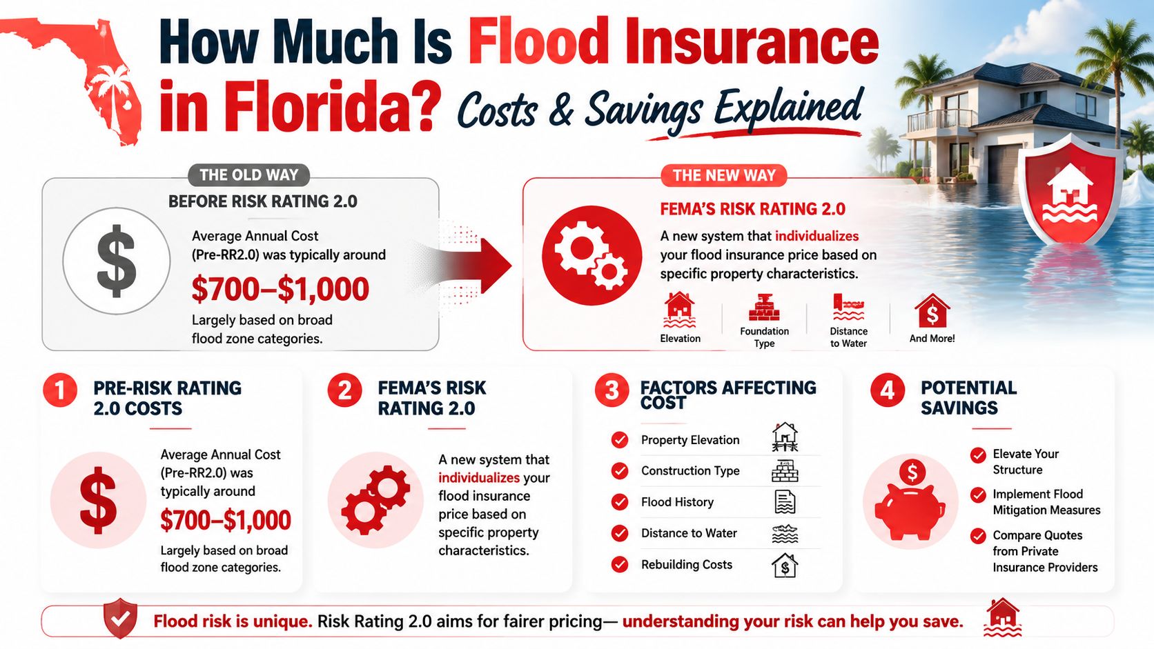 An infographic explaining FEMA's Risk Rating 2.0 system for calculating flood insurance costs in Florida.