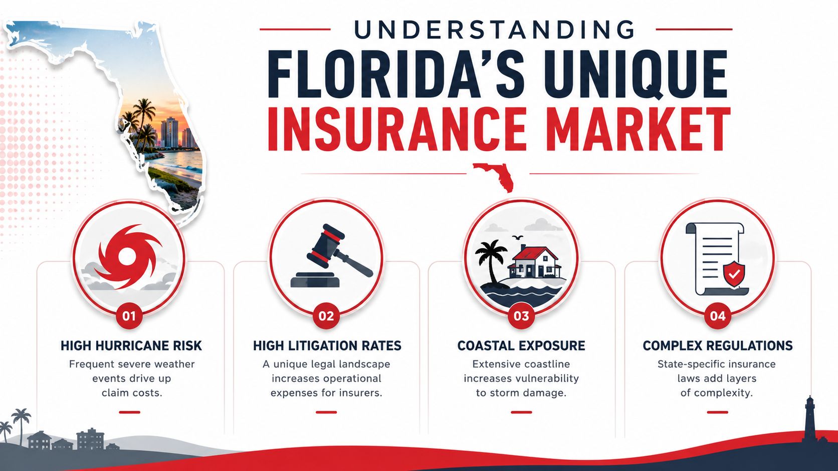 An infographic titled Understanding Florida's Unique Insurance Market illustrating key factors like hurricane risk and litigation.