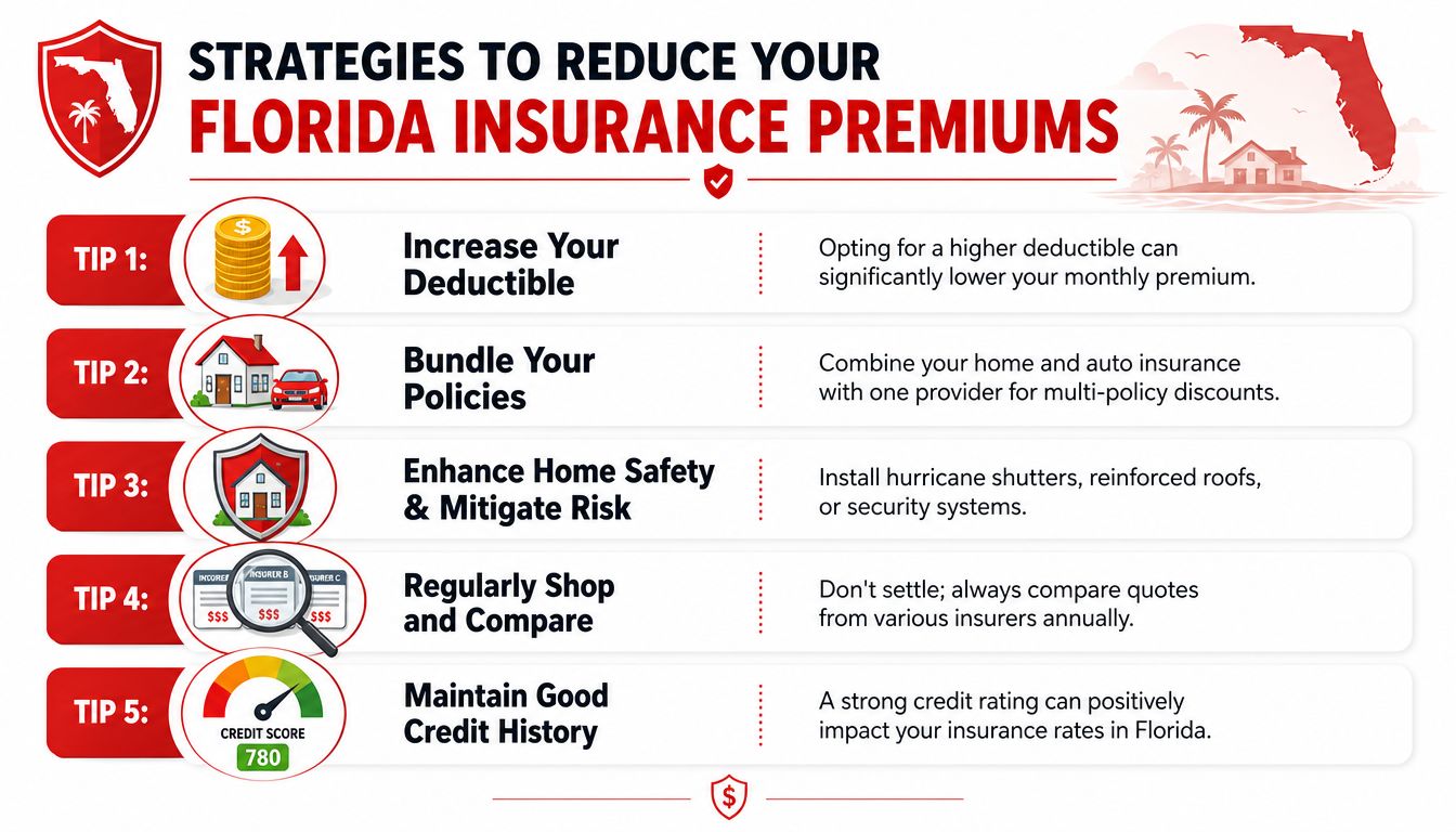 An infographic titled Strategies to Reduce Your Florida Insurance Premiums featuring five tips for saving on insurance.