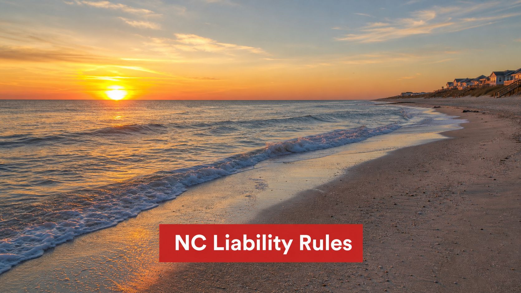 A beautiful sunset over the North Carolina coastline with a red overlay featuring NC Liability Rules text.