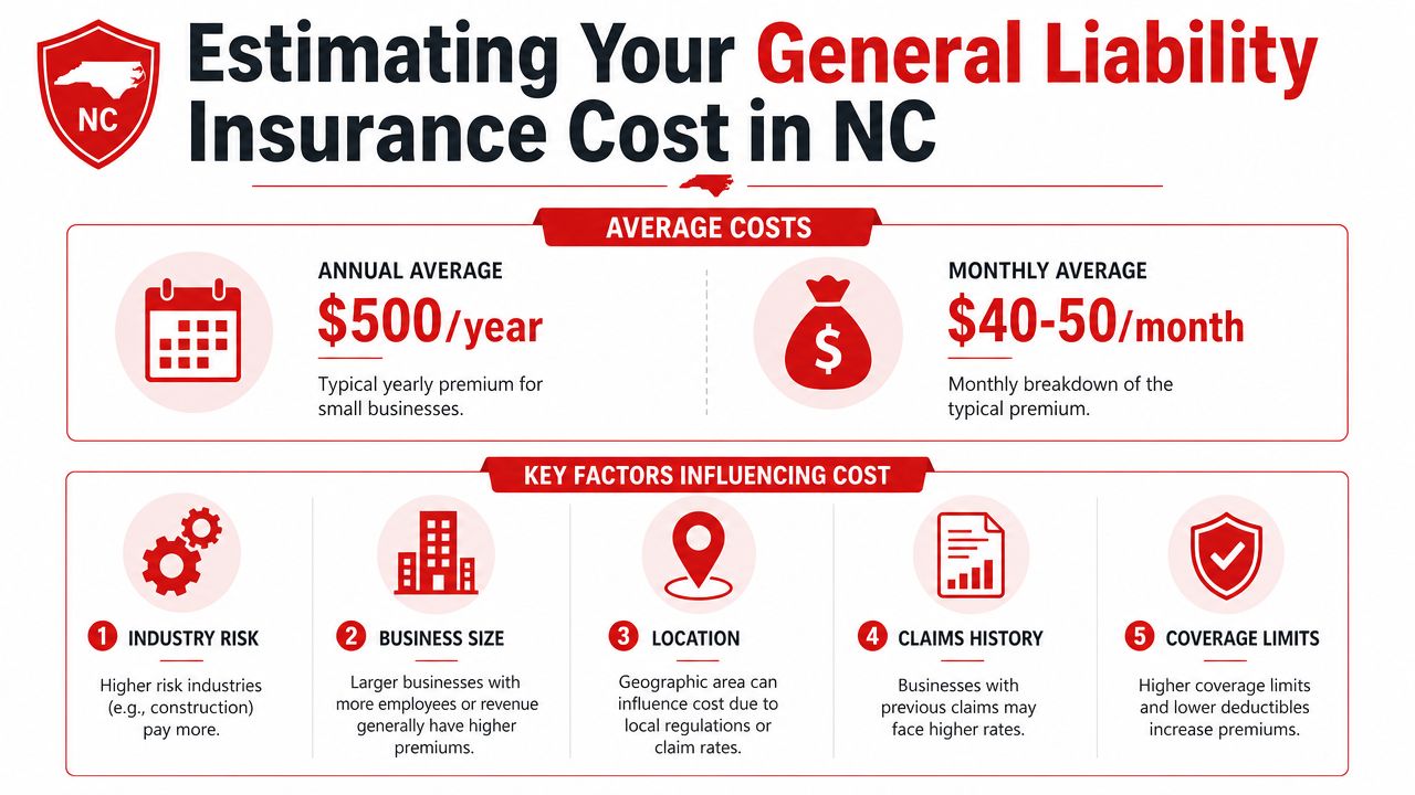 An infographic detailing the average annual and monthly costs of general liability insurance for businesses in North Carolina.