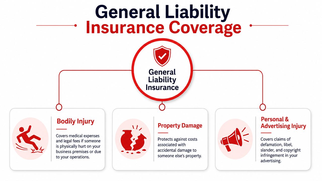 A diagram explaining three main components of general liability insurance: bodily injury, property damage, and advertising injury.