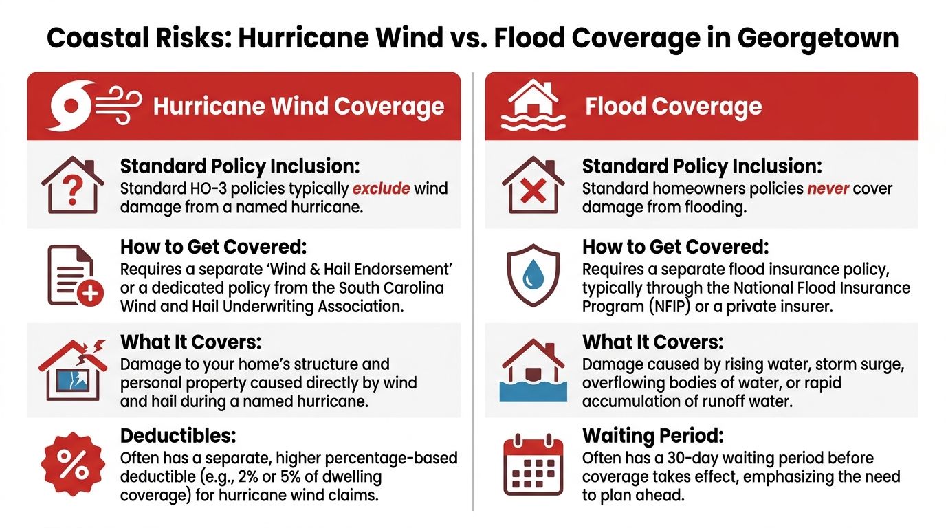 An infographic comparing hurricane wind and flood insurance coverage for homeowners in Georgetown, South Carolina.