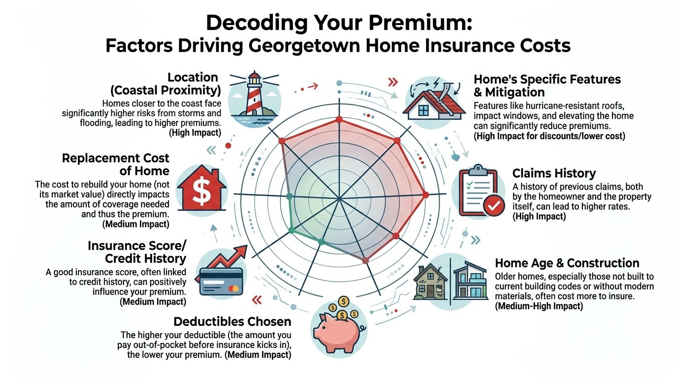 An infographic detailing seven primary factors that influence home insurance premiums in Georgetown, South Carolina.