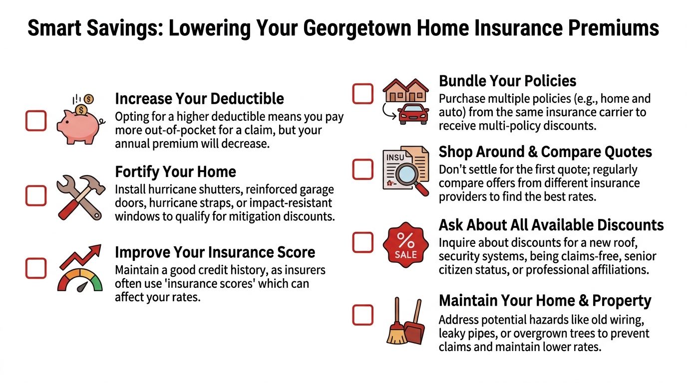 An infographic detailing six smart tips for reducing home insurance premiums for homeowners in Georgetown.