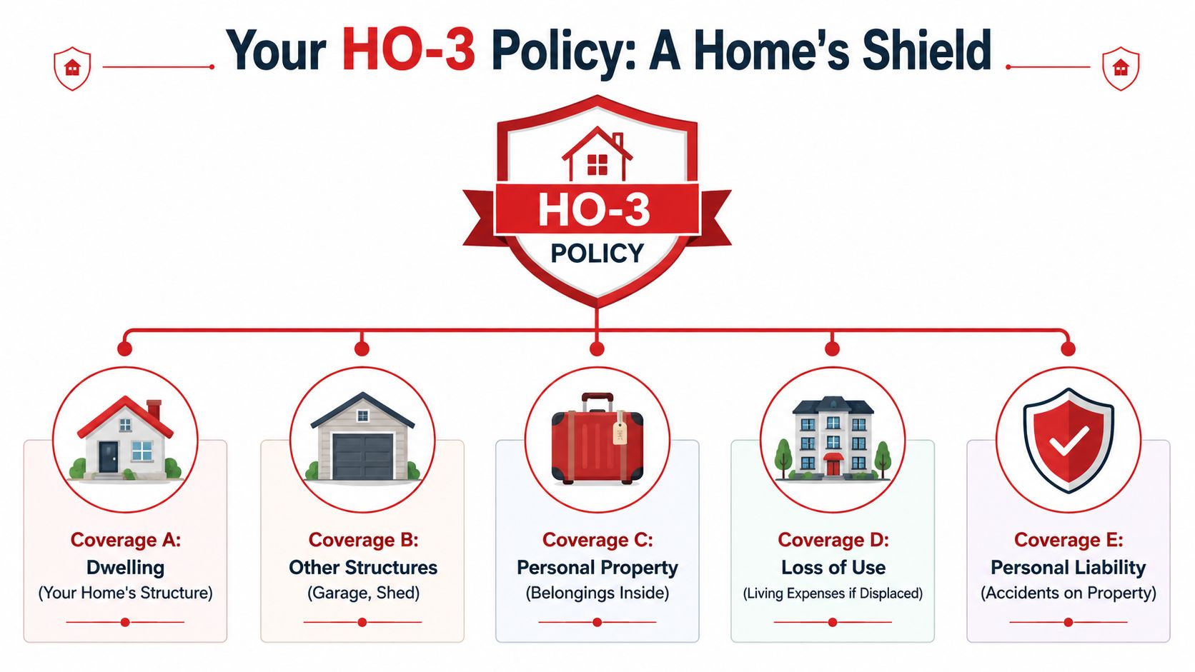 An infographic illustrating the five components of an HO-3 homeowners insurance policy including dwelling, structures, property, and liability.