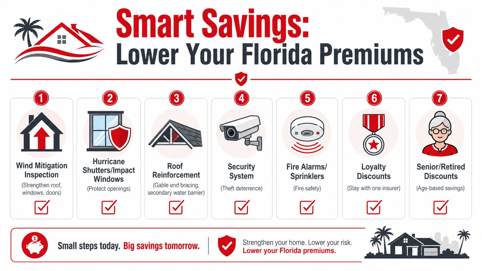 An infographic detailing seven effective ways to lower homeowner insurance premiums through home security and safety upgrades.