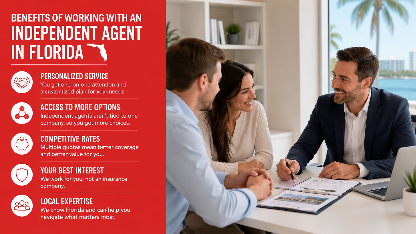 An independent insurance agent in Florida sitting at a desk with a couple to discuss coverage options.