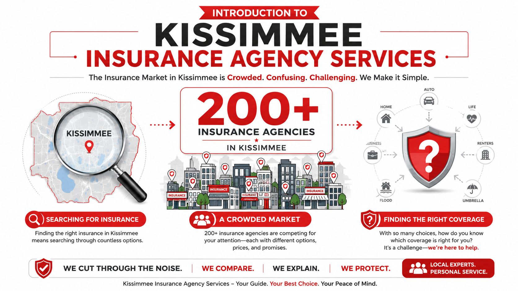An infographic illustrating how Kissimmee Insurance Agency Services simplifies the crowded and complex local insurance market.