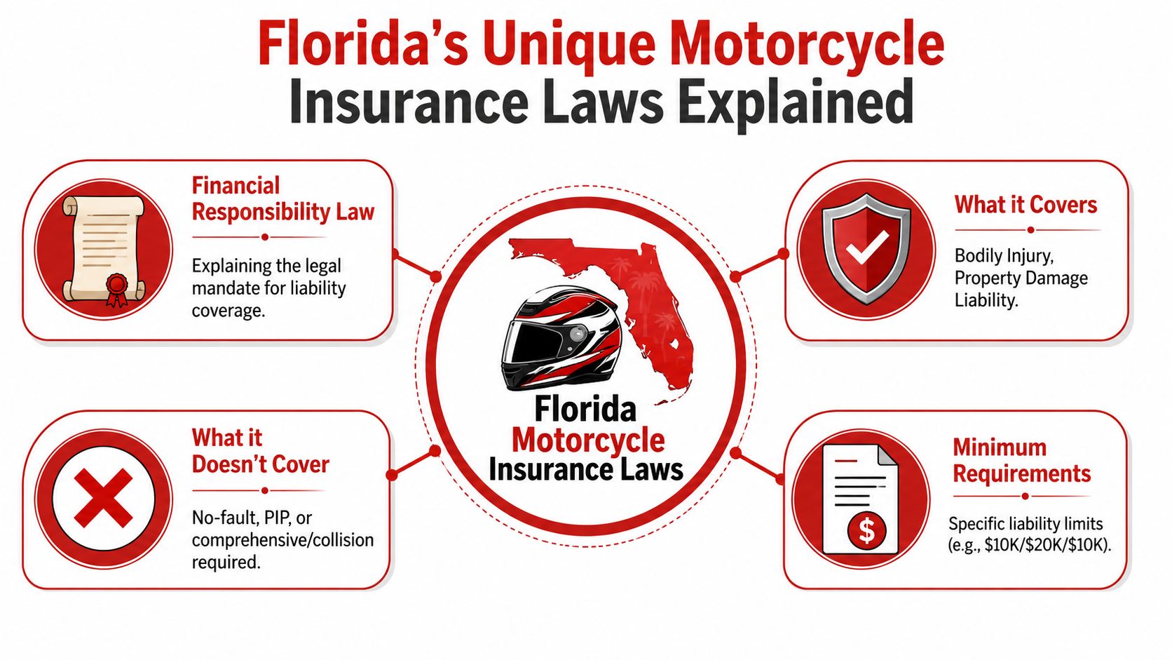 An infographic explaining the key aspects and legal requirements of motorcycle insurance laws in Florida.