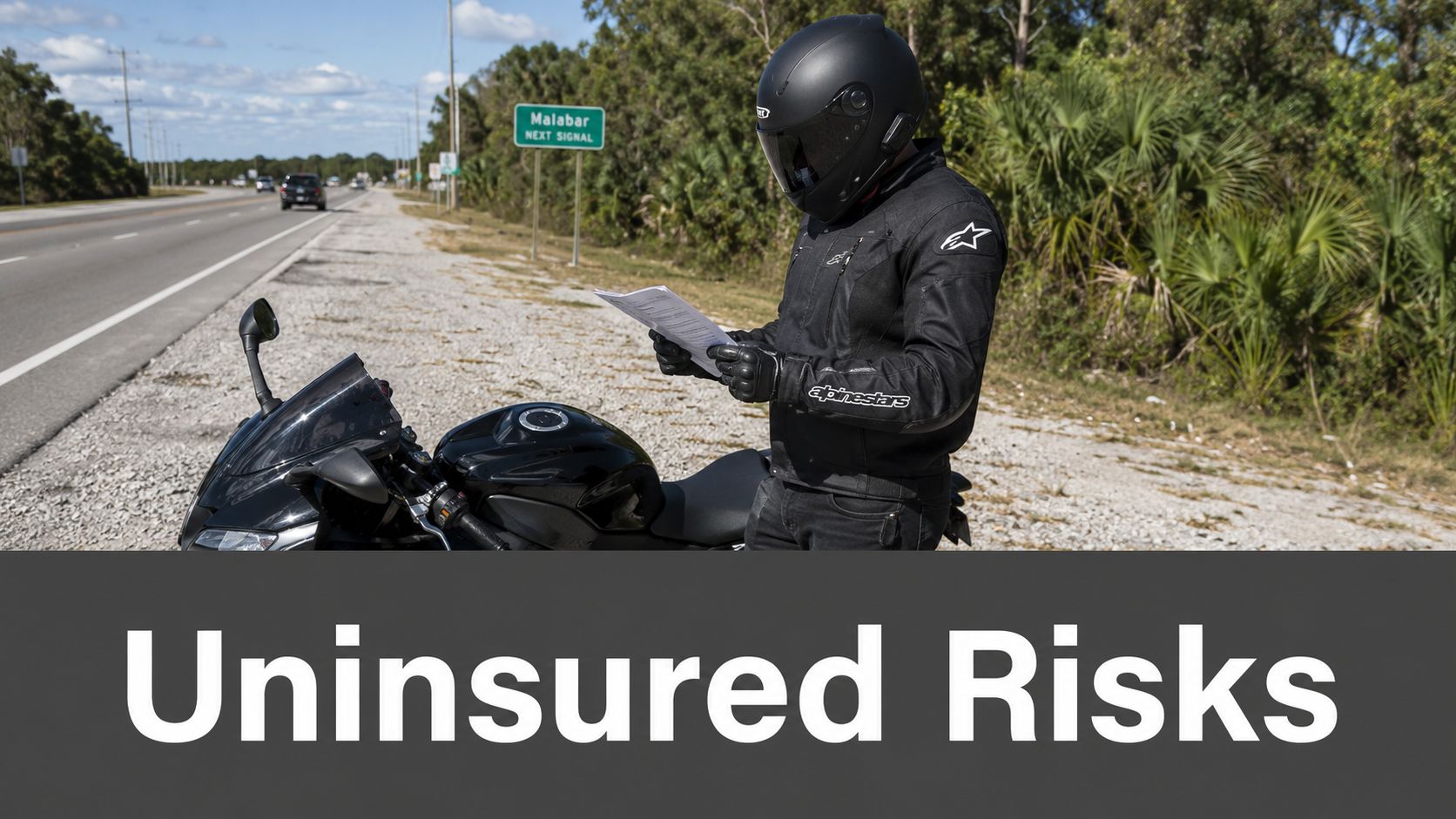 A motorcyclist in protective gear standing by the roadside reading insurance documents in Florida.