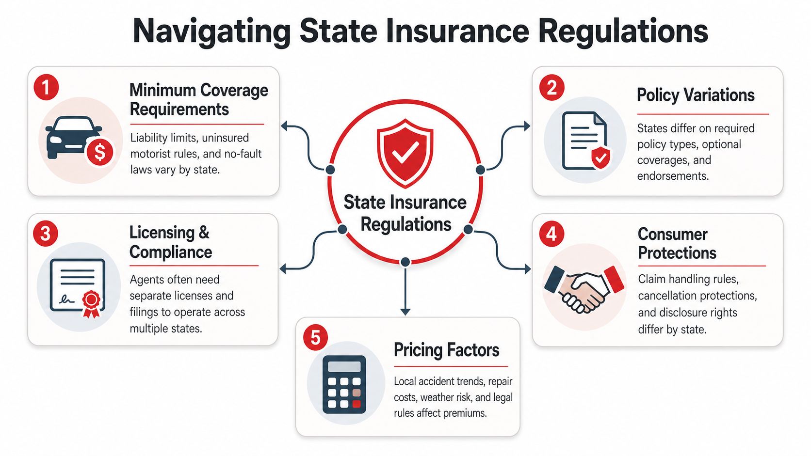 A diagram illustrating five key components of state insurance regulations for multi-state business operations.