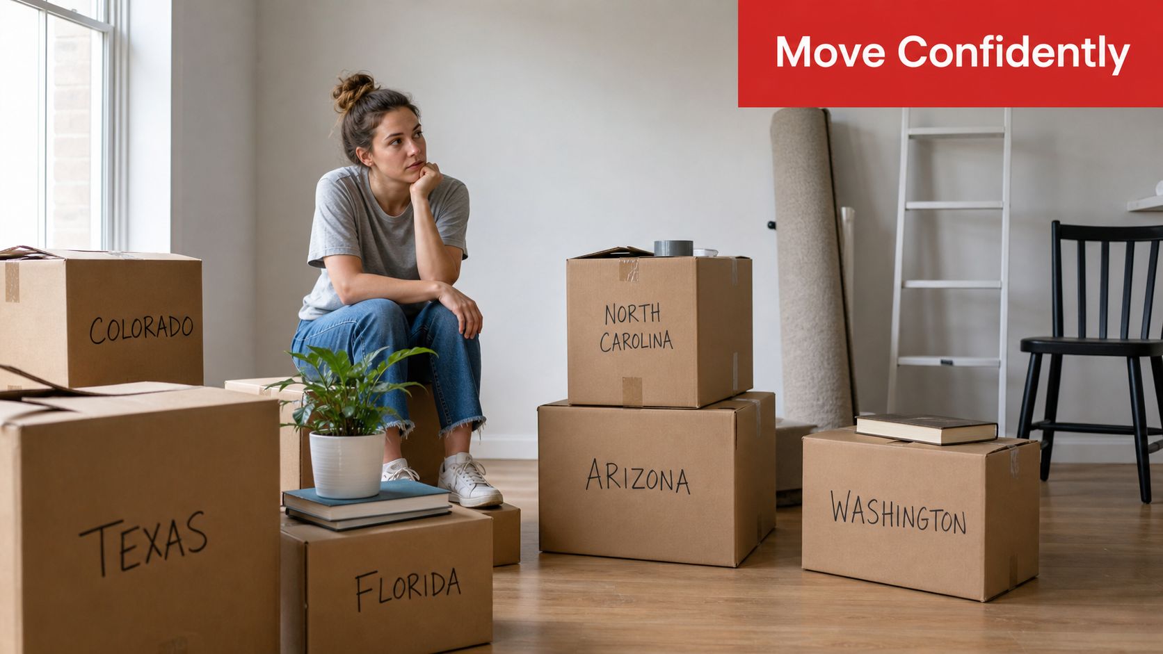 A contemplative woman sitting on cardboard moving boxes labeled with various US state names in an empty room.