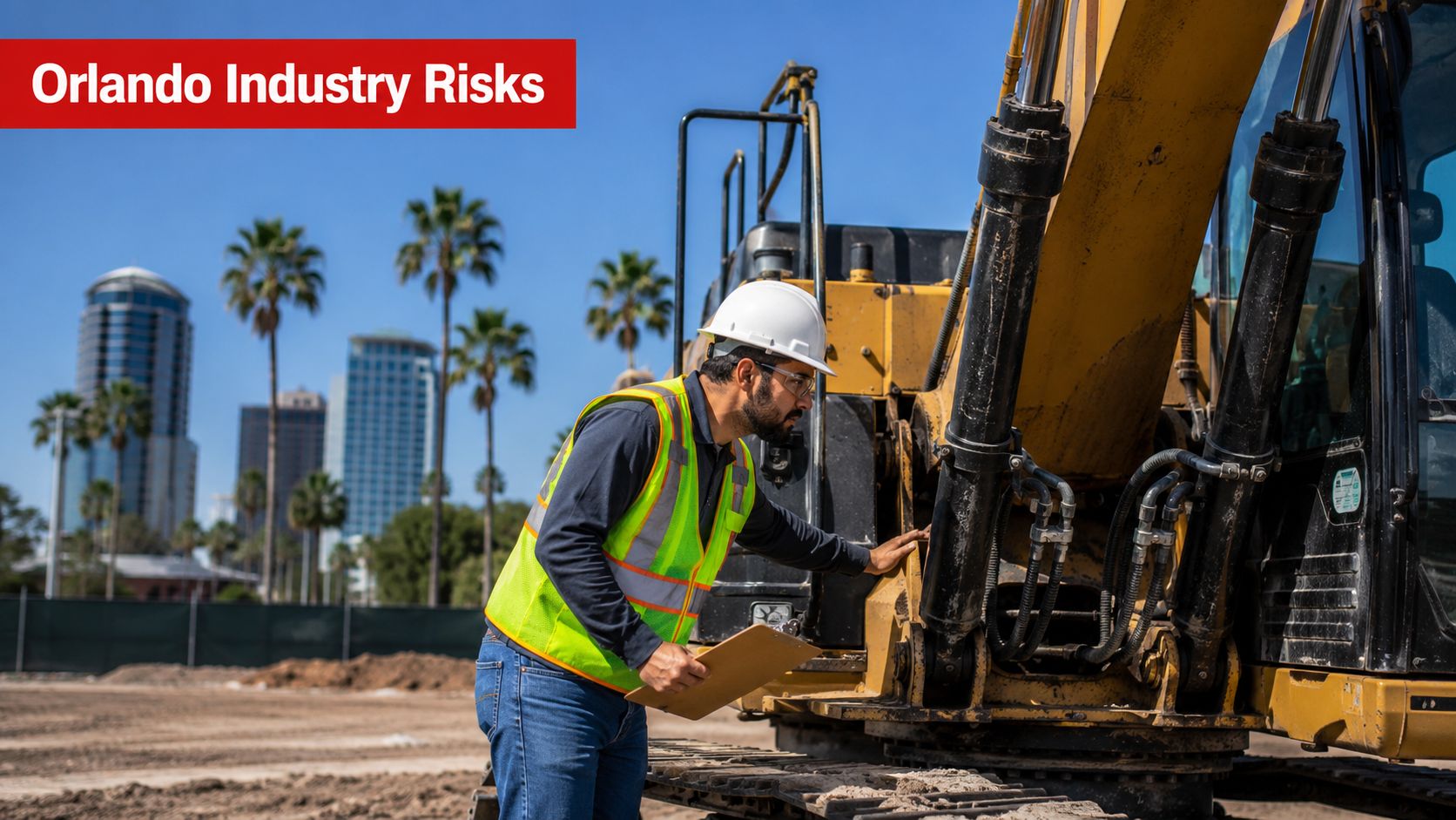 A construction site inspector in a hard hat and safety vest checking a yellow excavator in Orlando.