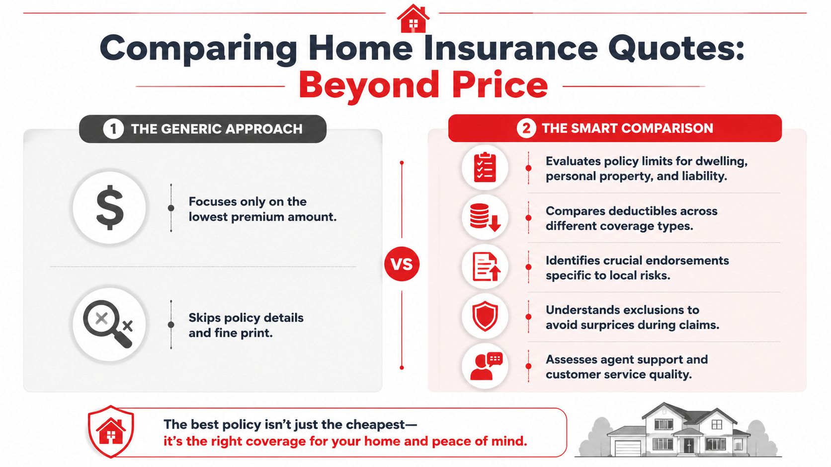 An infographic comparing a generic approach to home insurance with a smart, comprehensive coverage comparison strategy.
