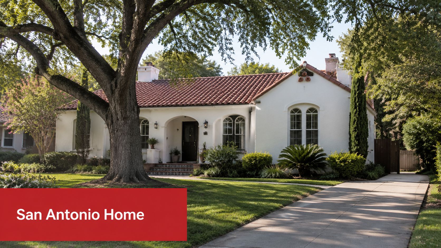 A classic white stucco San Antonio home with a red tile roof and mature tree in the front yard.