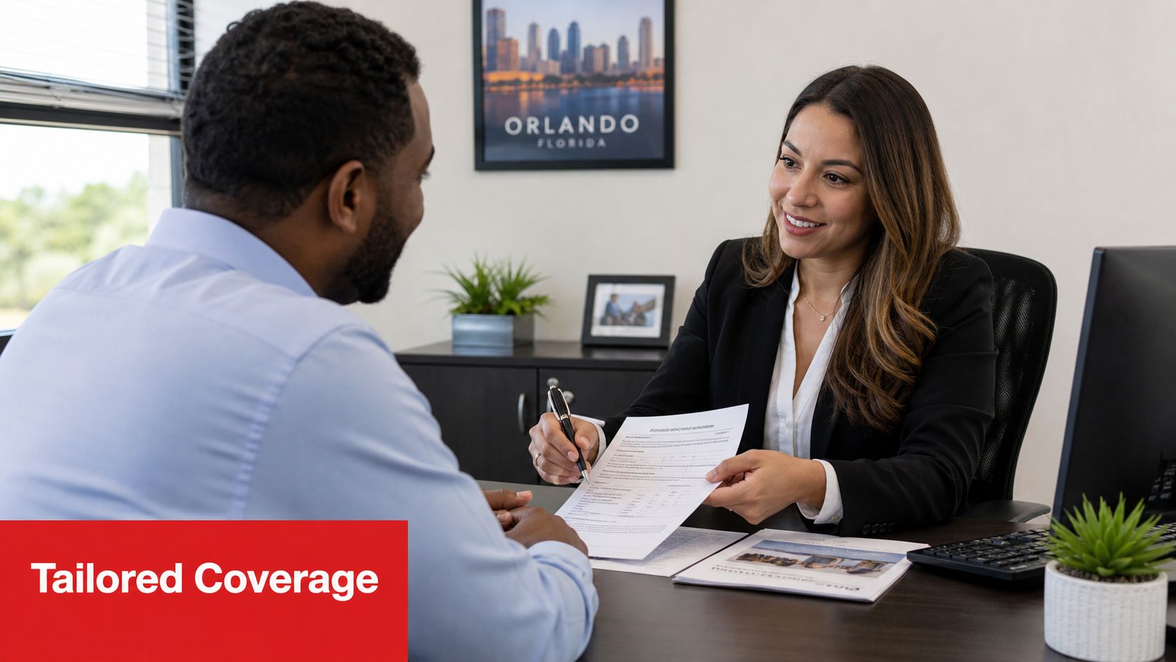A professional insurance agent discusses policy coverage with a client in a modern office in Orlando.