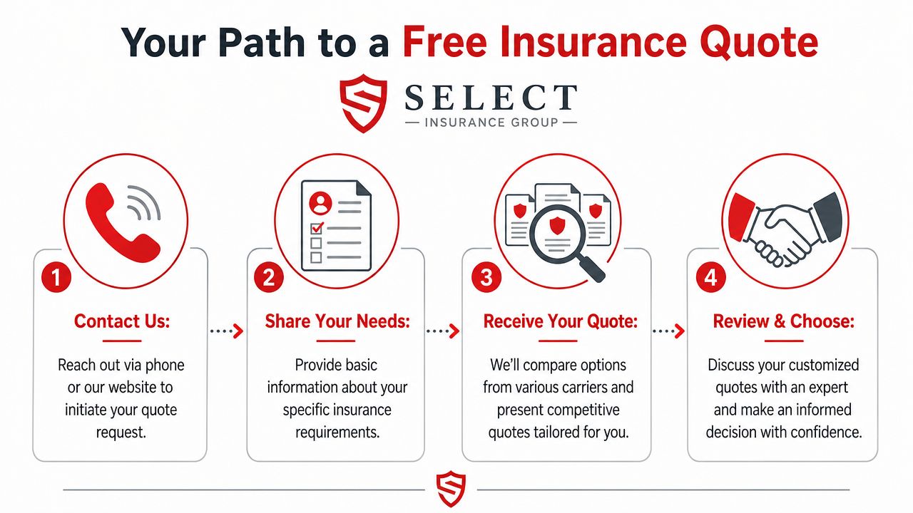 A four-step infographic illustrating the process to obtain a free insurance quote from Select Insurance Group.
