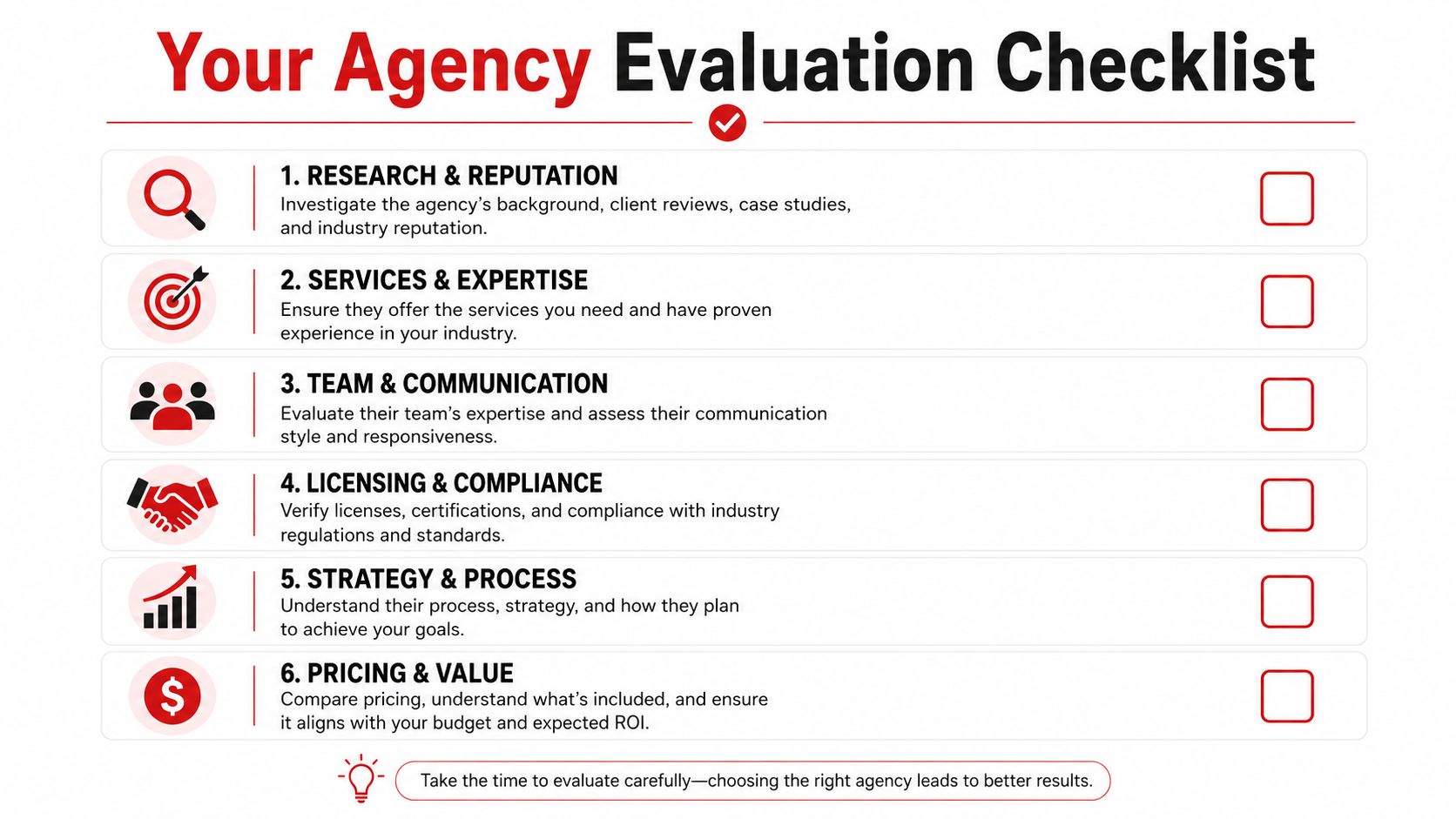 A visual checklist guide for evaluating professional agency services, featuring six key criteria for business decision-making.
